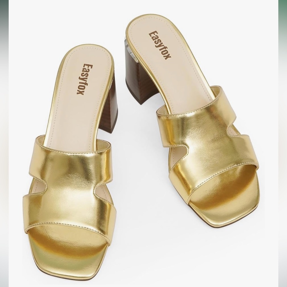 Gold Women’s Open-Toe Chunky Heeled Mules - Picture 8 of 9